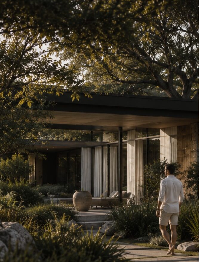 Casa de lazer entre jardins e vegetação