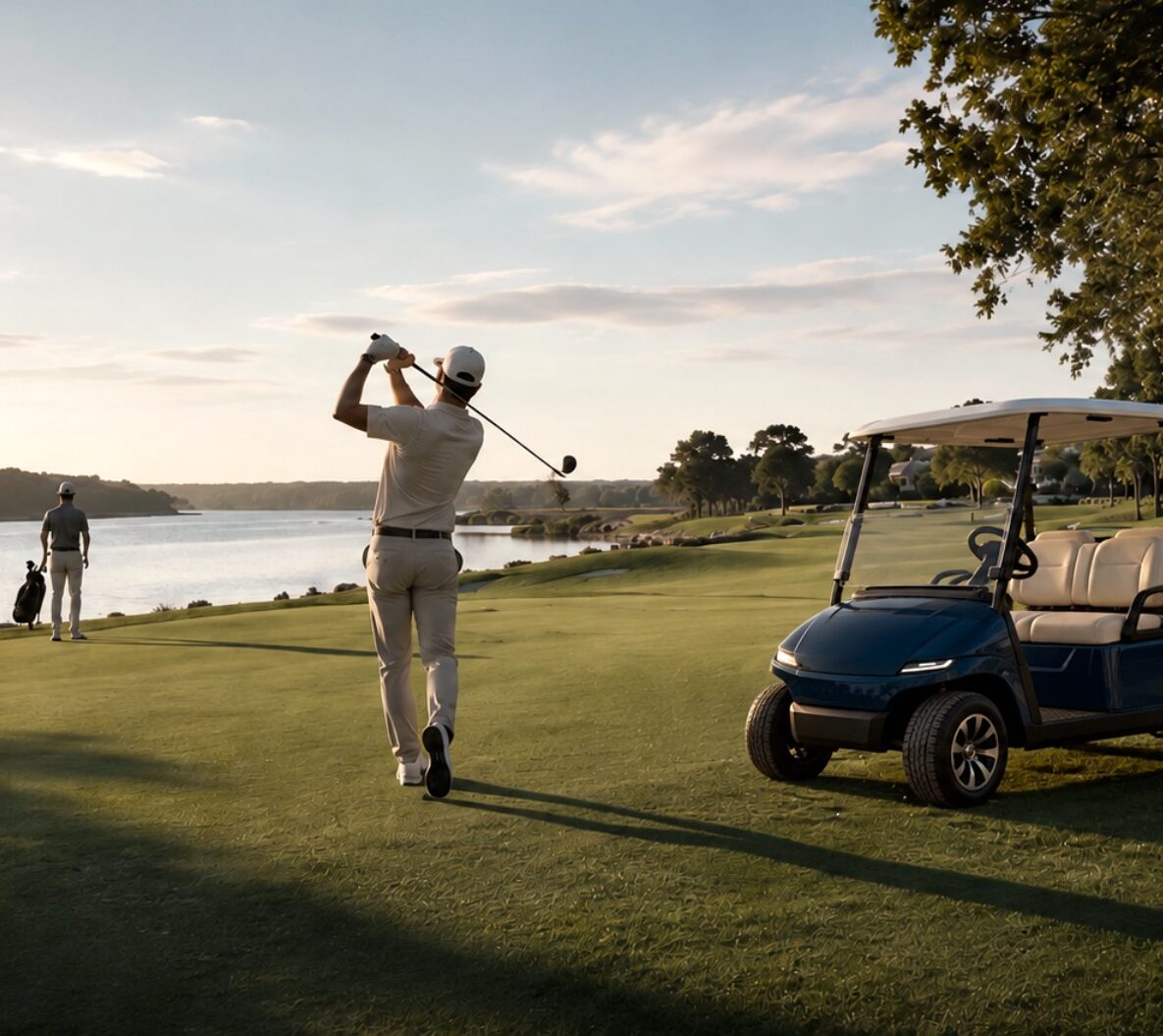 Jogador de golfe no campo à beira do rio