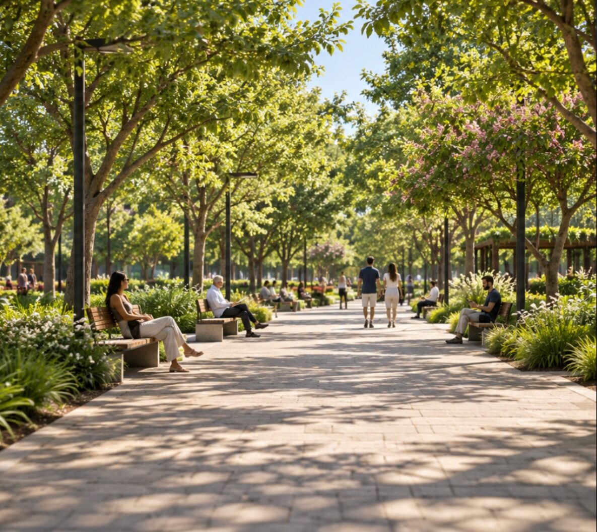 Praça arborizada com caminhos e bancos